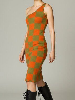 Back Beat Co. - One Shouldered  Checkered Dress - Papaya